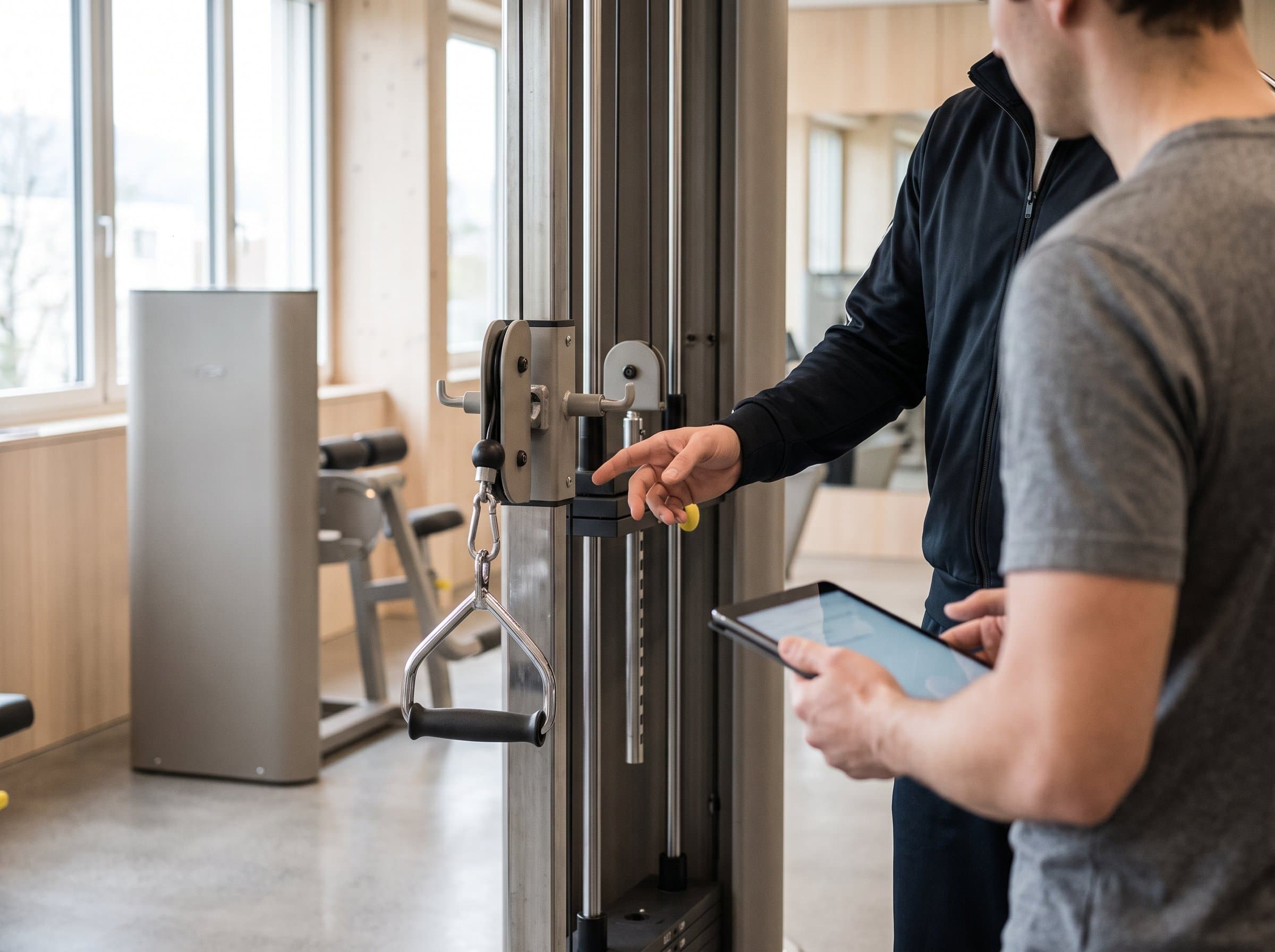 Eine Trainerin erklärt am Gerät eine Übung, den Trainingsplan auf dem Tablet