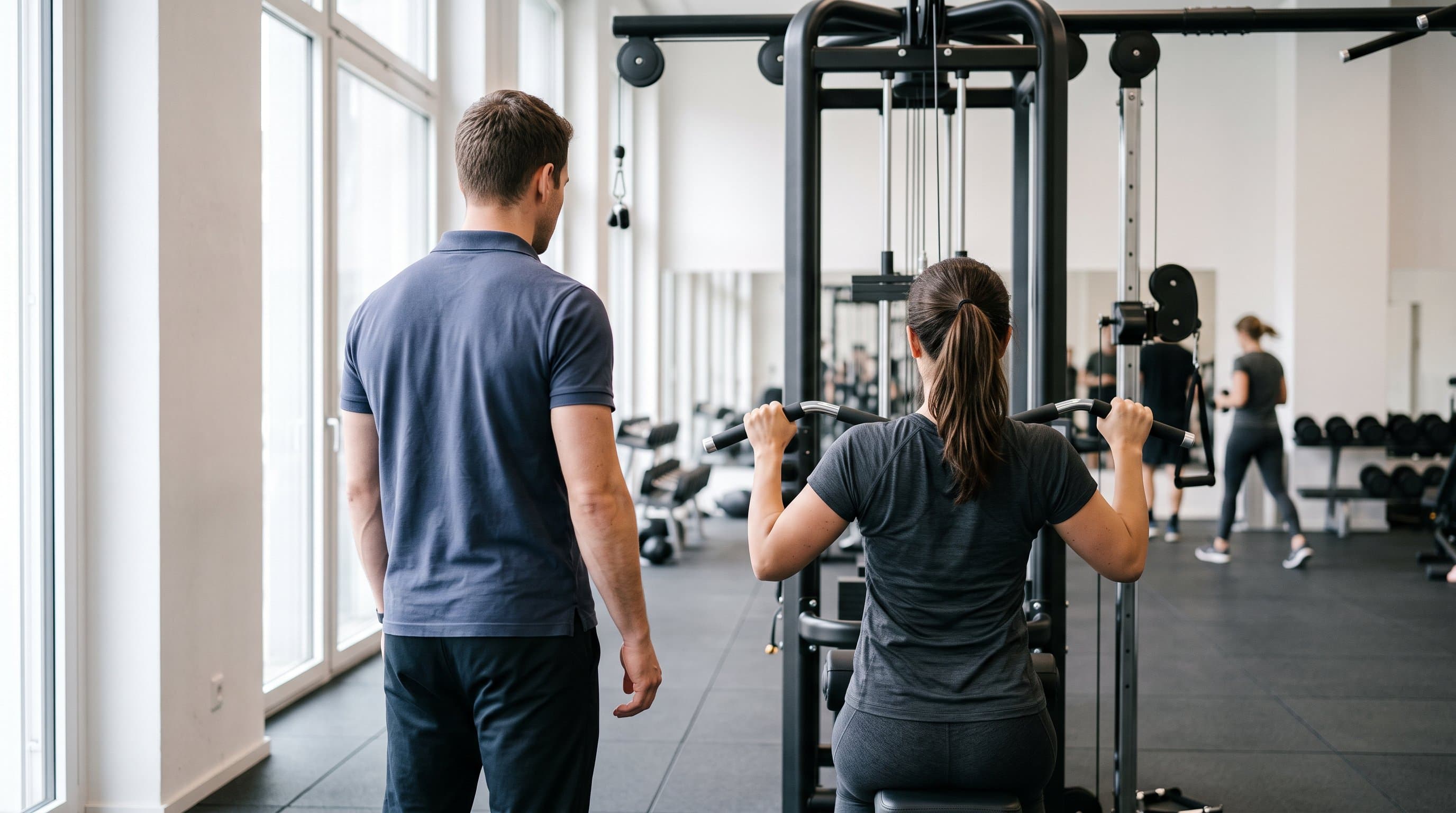 Heller Trainingsraum mit grossen Fenstern, eine Trainerin begleitet ein Mitglied am Kabelzug